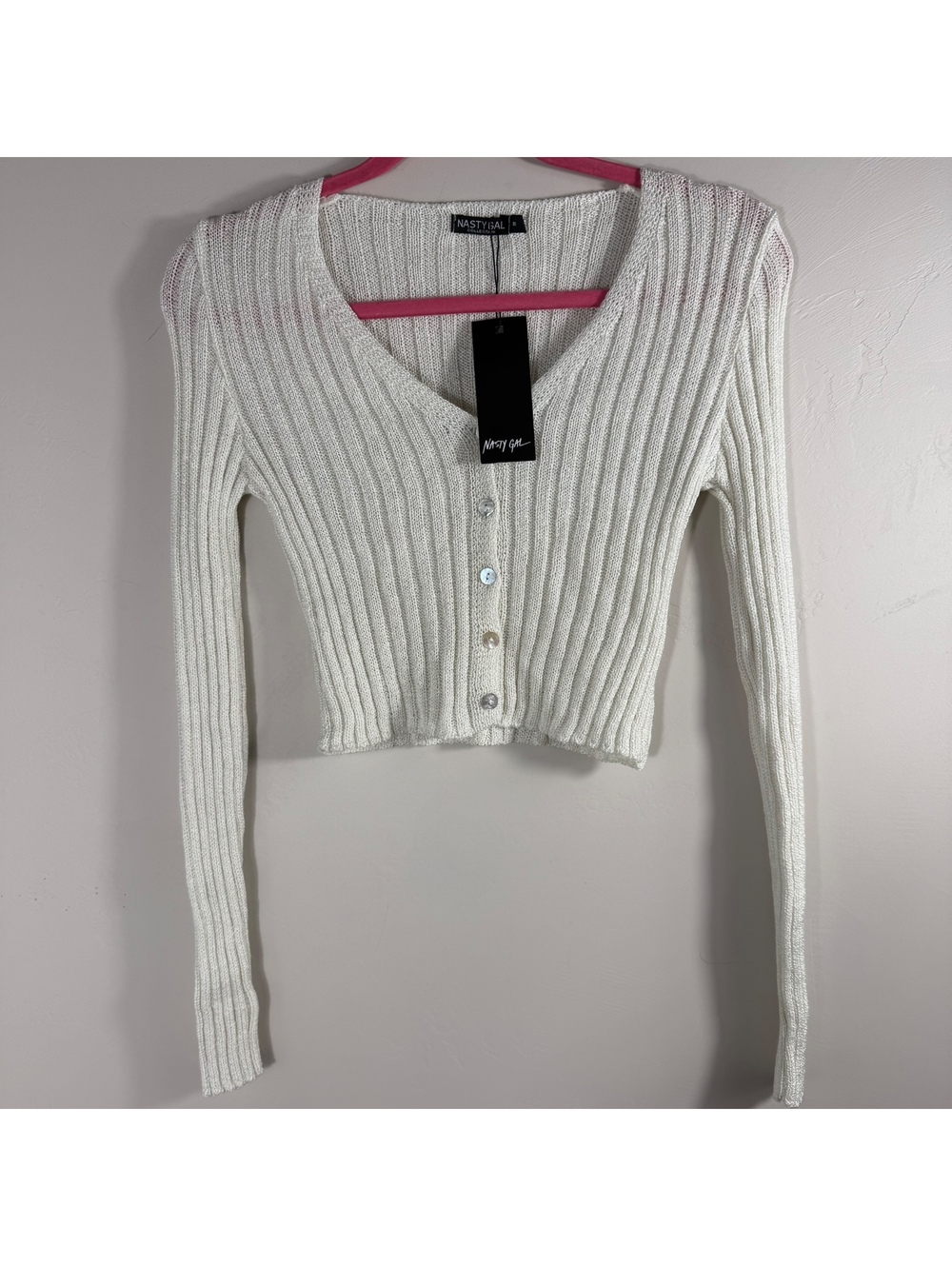 Nasty Gal White Ribbed Cropped Cardigan Y2K | M